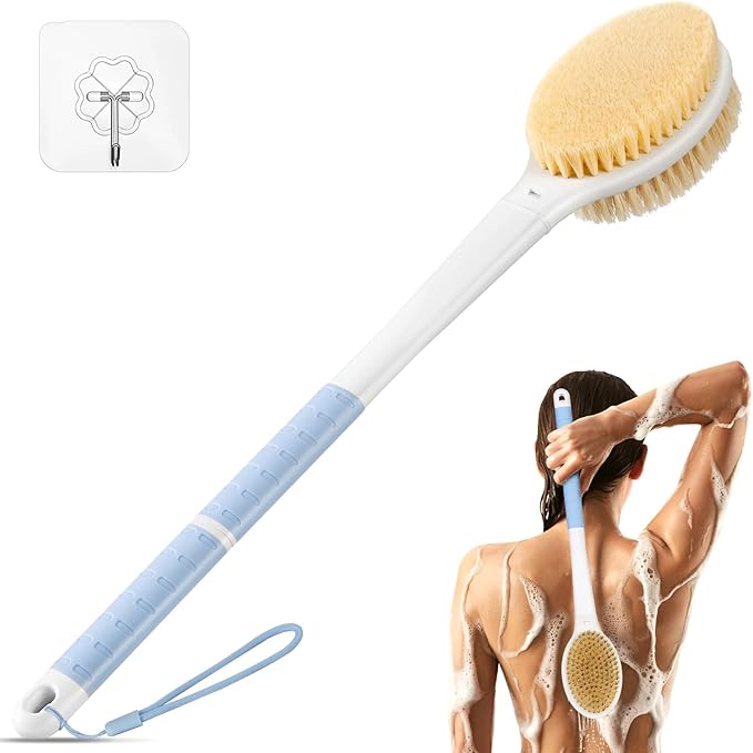 Back Scrubber Body Shower Brush: Anti Slip Long Handle Bath Brush with Stiff and Soft Bristles - Showering Exfoliator Wet or Dry Brushing for Women, Men, Elderly (Blue)