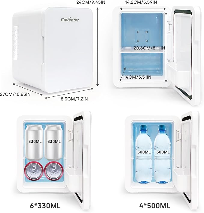 Enventor Mini Refrigerator, 4L/ 6 Can Compact Skincare Fridge AC+DC Power Cooler & Warmer Small Refrigerator for Bedroom, Skincare, Makeup, Cosmetics, Car, Office (White)
