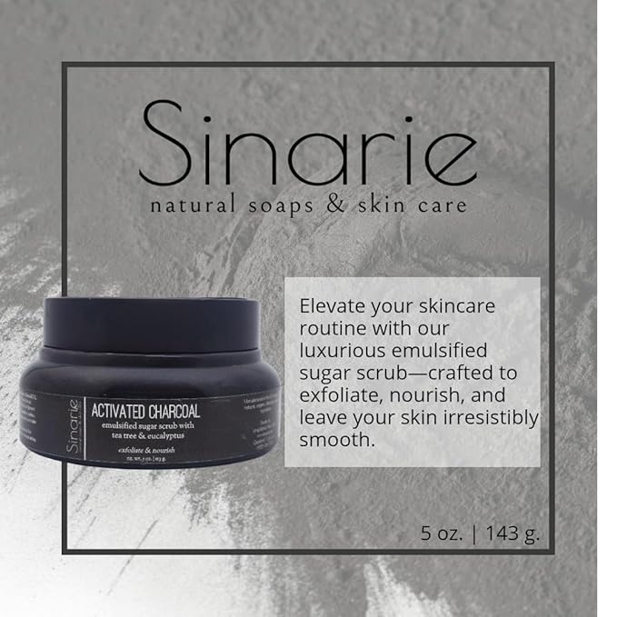Exfoliating Sugar Scrub for Body – Hydrating Moisturizing Body Polish with Natural Oils – Gentle Spa Skincare for Smooth, Glowing Skin (5 oz., Charcoal (Tea Tree & Eucalyptus))