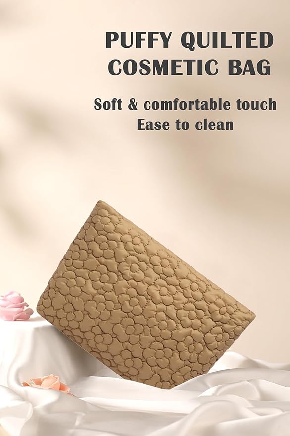 Puffy Quilted Makeup Bag, Cosmetic Bag, Travel Toiletry Organizer Pouch, Clutch for Wom (Khaki Flower)