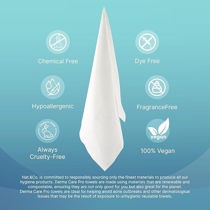 Nat.&Co. Derma Care Pro 100% USDA Biobased Material - Professional Grade Extra Large Face Towels - Bio-Based Towel, Makeup Remover Dry Wipes, Facial Wash Cloths for Sensitive and Clean Skin - 50 Count