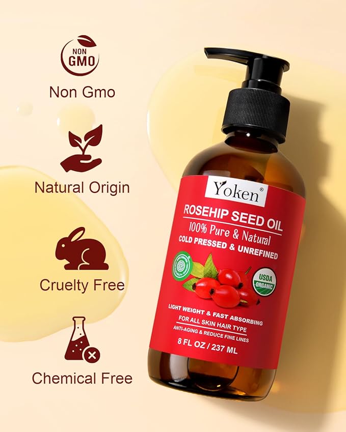 Rosehip Seed Oil Organic, USDA Certified 100% Pure Rosehip Oils for Skin & Hair, 8 fl oz Cold Pressed Rose Hip Oil for Full Body Care, Moisturizing, Gua Sha, Massage, Carrier Oil