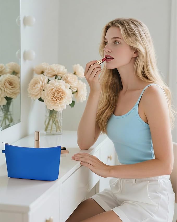 WANDF Cosmetic Bag for Women Makeup bag Organizer Mini Makeup Pouch for Purse Water Resistant Girls Gift(Pure Navy Blue)
