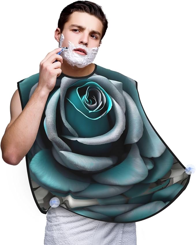 Teal Gray Rose Print Beard Bib Apron For Men, Beard Hair Catcher For Men Shaving Trimming,Beard Cape Cloth