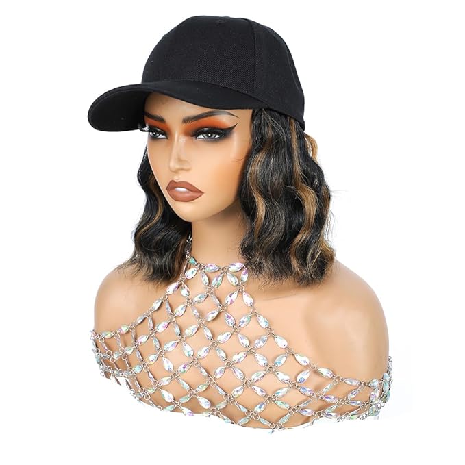 GUOJIAN Hat Wigs for Women 6' Short Wave Baseball Cap Wigs with Curly Hair Extensions Synthetic Wave Wig Adjustable Hat with Hair Attached for Daily Use (1B/27, 6inch)