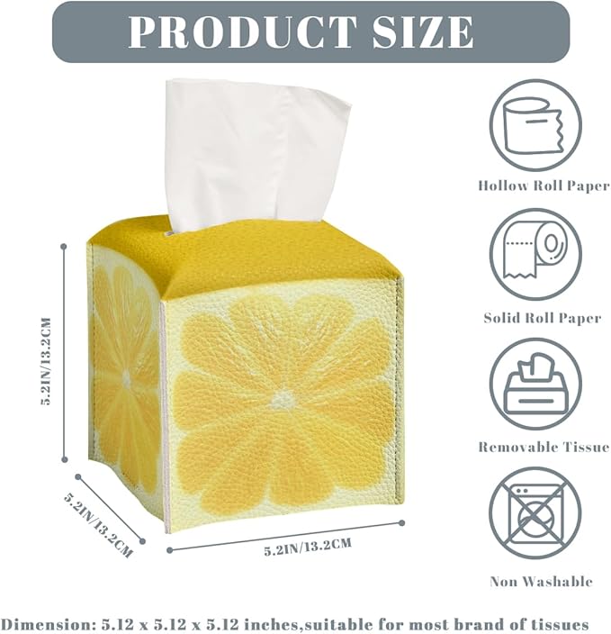 Cute Fruit Tissue Box Cover Funny Yellow Lemon Leather Tissue Box Holder Square Facial Paper Organizer Dispenser for Bathroom Kitchen Bedroom Vanity Countertop Night Stands