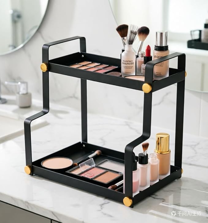 FFK 2 Tier Countertop Organizer, Cosmetic Organizer, Storage Shelf for Cabinet, Countertop, Pantry, Desktop, Ideal for Bathroom, Kitchen, Office (Black)