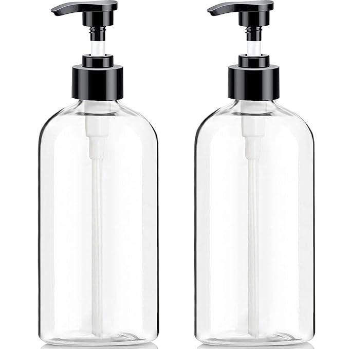 Empty Plastic Pump Bottles Dispenser（16.9 Oz, 2 Pack）, Portable Amber BPA-Free Travel Shampoo Lotion Pump Bottle Durable Refillable Containers for Massage Oil, Liquid Soap