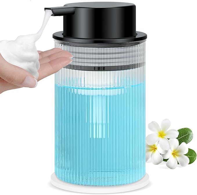 NiHome 14oz Multifunctional Glass Foaming Hand Soap Dispenser with Elegant Stripe Pattern, High-Capacity Easy to Refill for Home & Commercial Use, Advanced Foam Pump & Non-Slip Base (Frosted Black)