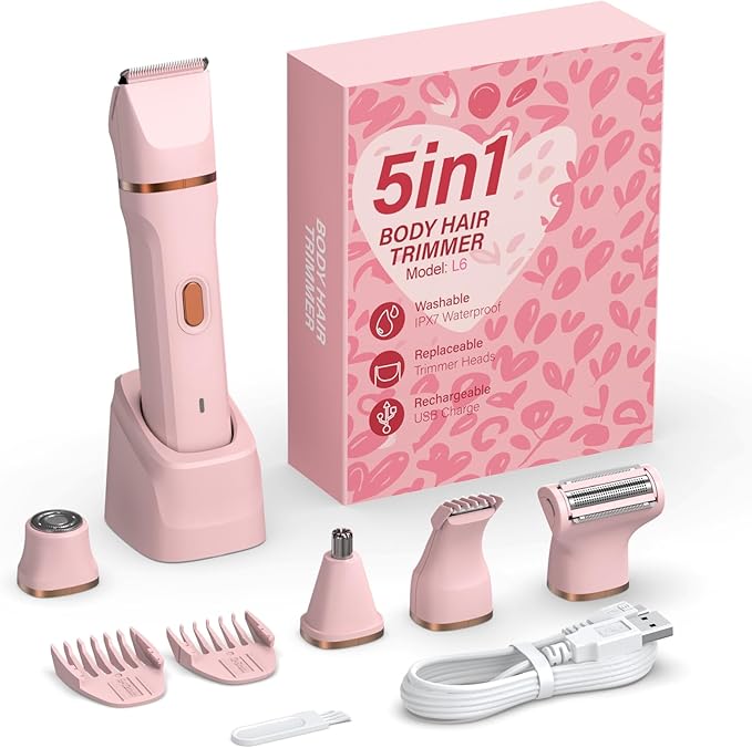 5-in-1 Bikini Trimmer for Women, IPX7 Waterproof Electric Razors Shaver, Cordless Body Hair Trimmer, Facial & Pubic Hair Removal, Ceramic Blade (Pink)