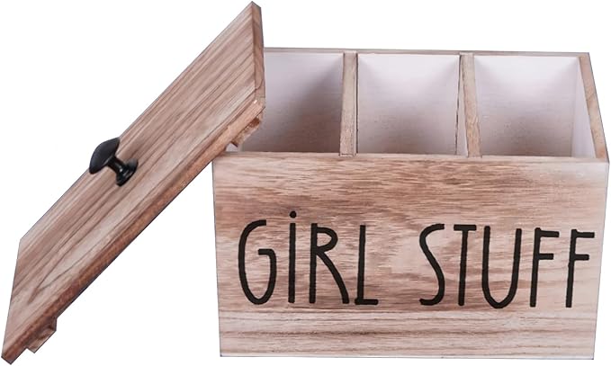 3 Compartments Pad and Tampon Organizer, Wooden Menstrual Care Storage Box, Girl Stuff Design Sanitary Napkin Storage Container, 7.9x5.1x5.1inches