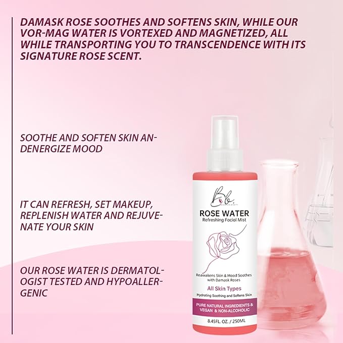 Rosewater Refreshing Facial Mist – Hydrating, Soothing & Softening Spray with Damask Roses & Glycerin – Pure Natural Ingredients, Vegan, Alcohol-Free, All Skin Types, 8.45 fl oz