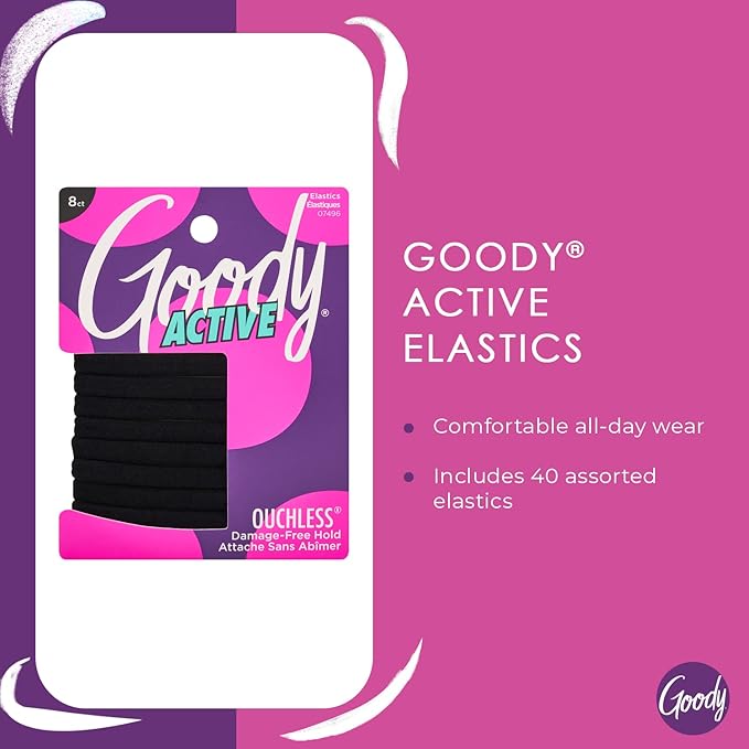 Goody Ouchless Seamless Hair Elastics, 8 Ct, Black, Damage-Free Gentle Hold Elastic Ties, No Snag or Pull, For All Occasions, Chic Styling Accessories for Women & Men, All Hair Types (Pack of 2)