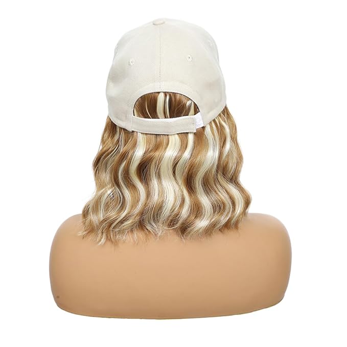 GUOJIAN Hat Wigs for Women 6' Short Wave Baseball Cap Wigs with Curly Hair Extensions Synthetic Wave Wig Adjustable Hat with Hair Attached for Daily Use (W27/613, 6inch)