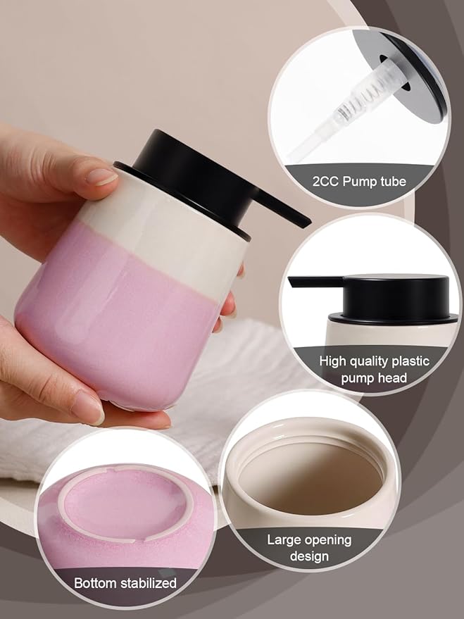 INGOFIN Ceramic Hand Soap Dispenser - 12 oz Liquid Lotion Dispenser Bathroom, Refillable Modern Dish Soap Dispenser with Pump for Kitchen, Beige and Pink