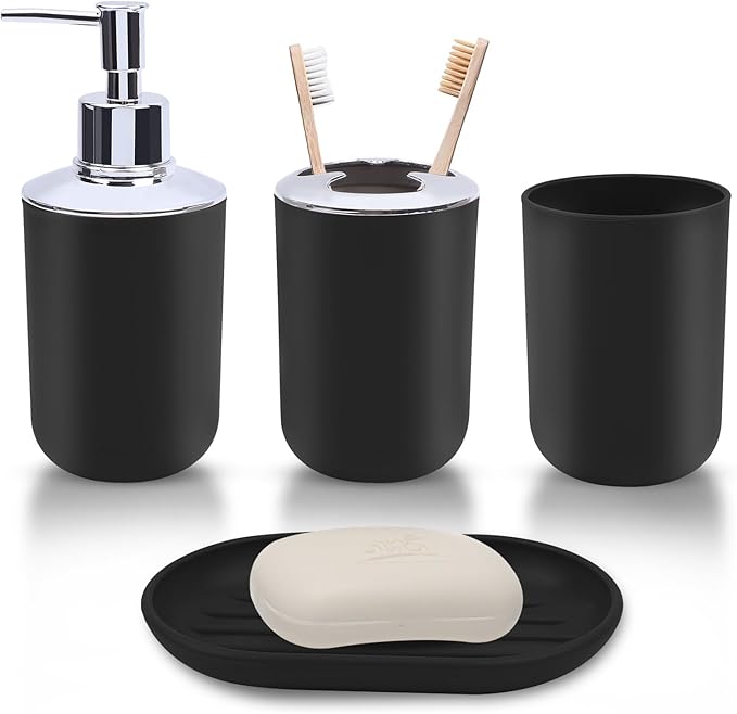 4 Piece Bathroom Accessories Set, Plastic Bathroom Accessory Set, Toothbrush Holder, Toothbrush Cup, Soap Dispenser, Soap Dish, Black