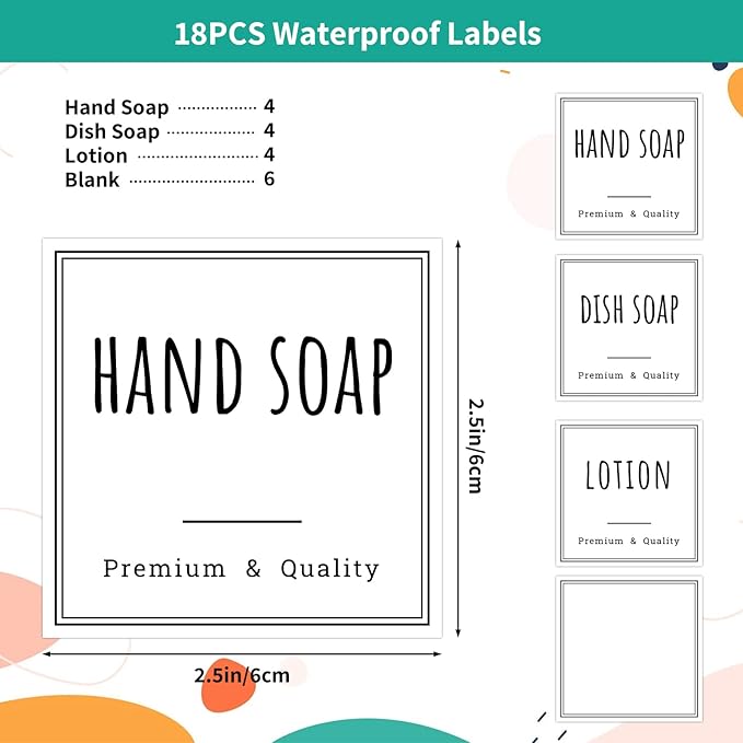 Segbeauty 18pack Waterproof Soap Labels, Farmhouse Kitchen Bathroom Organization Labels, 2.5in Reusable Removable Cleaning Hand Soap Dispenser Stickers for 10oz 16oz 32oz Plastic or Glass Bottles