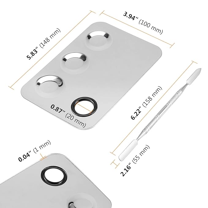 SEUNMUK 6 Pack 6 x 4 Inch Stainless Steel Cosmetic Palette with Spatula, 3-well Mixing Makeup Palette Nail-art Mixer Metal Tray for Foundation, Pigment, Nail Polish Blending, Silver