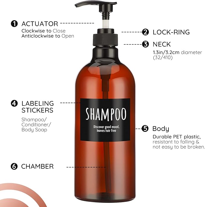 Empty Plastic Bottles with Labels, Segbeauty 33.8oz Large Brown Shampoo Conditioner Reusable Dispenser, 2 Packs of 1000ml Refillable Shower Lotion Pump Press Bottles for Bathroom Hand Soap Body Wash