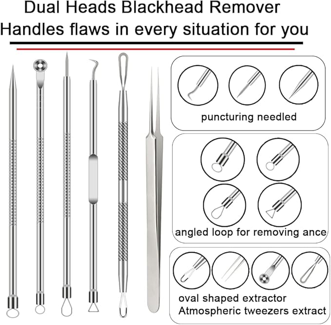 Pimple Popper Tool Kit, 6 Pcs Blackhead Remover Acne Needle Tools Set Removing Treatment Comedone Whitehead Popping Zit for Nose Face Skin Blemish Extractor Tool - Silver