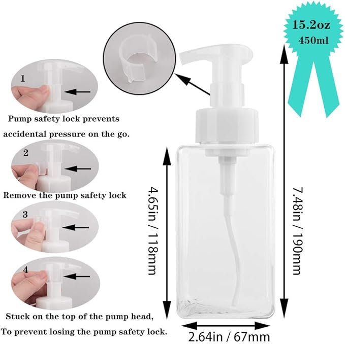 2 Pack Foaming Soap Dispenser 15oz Refillable Foam Liquid Hand Soap Empty Plastic Pump Bottle Container for Bathroom Vanities, Kitchen Sink, Hospital, Clinic, Clear 450ml