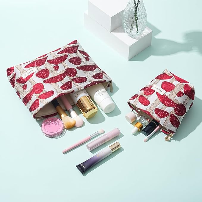 2 Pcs Makeup Bags for Purse, Large Cute Cosmetic Bag Travel Toiletry Bag Organizer for Women, Embroidery Craft Mushroom Makeup Bag Small Cosmetic Pouch Purse with Zipper (Red Mushroom)