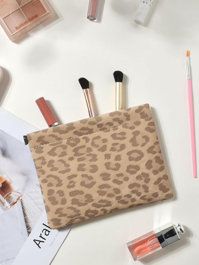 Leopard Leather Small Makeup Pouch for Women,Cosmetic Accessories,Waterproof and Portable Cosmetic Bag,Self-closing, No Zipper, Aesthetic Storage Pouch,Lipstick for Purse,Camel Color