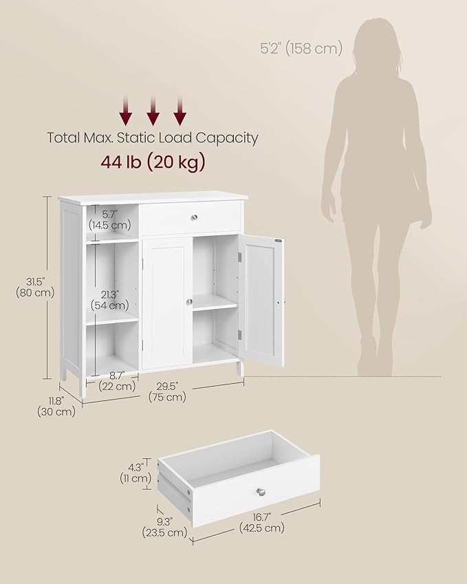 VASAGLE Floor Storage Cabinet with Drawer, Freestanding Cabinet with Doors, 3 Open Compartments, Adjustable Shelves, 11.8 x 29.5 x 31.5 Inches, for Bathroom, Living Room, Cloud White UBBC142W01