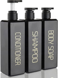Shampoo and Conditioner Dispenser Shower Soap Bottles 3 Pack 550ml/18.6oz Refillable Shampoo Pump Bottle Dispenser Plastic Empty Body Wash Dispensers with Stylish Permanent Labels for Bathroom (Black)