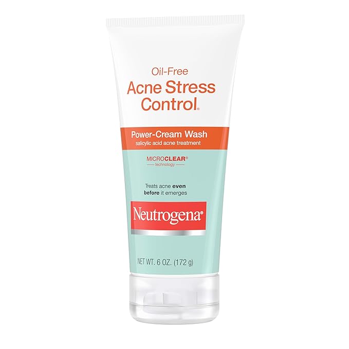 Neutrogena Oil-Free Acne Stress Control Power-Cream Face Wash with 2% Salicylic Acid Acne Treatment Medication, Soothing Daily Acne Facial Cleanser for Acne-Prone Skin Care, 6 foz