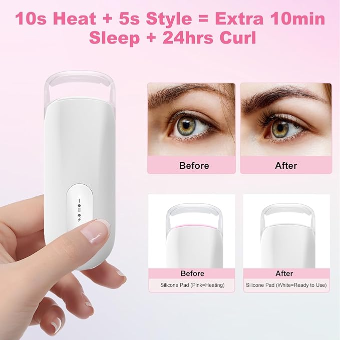 Transparent Heated Eyelash Curler, Electric Eye Lash Curler 10S Fast Heat 24Hrs Long Lasting, Portable Travel Natural C Curl Lashes Type-C Rechargeable Eyelash Curlers (White)