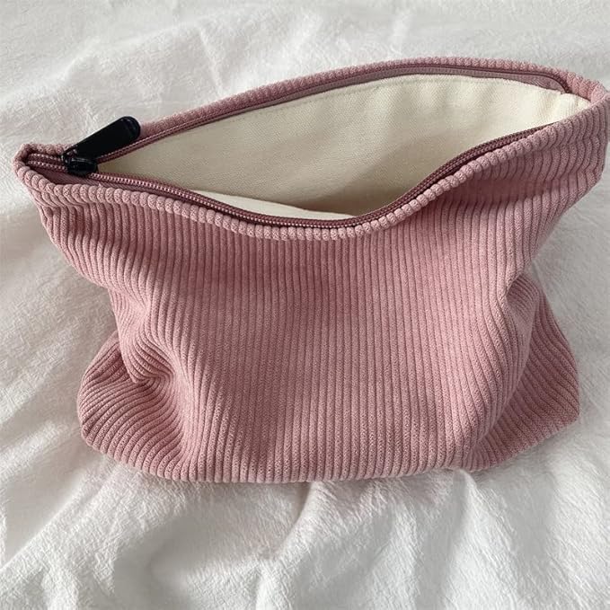 PAZIMIIK Makeup Bag Large Zipper Corduroy Make Up Pouch for Purse Travel Canvas Cosmetic Organizer for Women Brush Storage,Pink