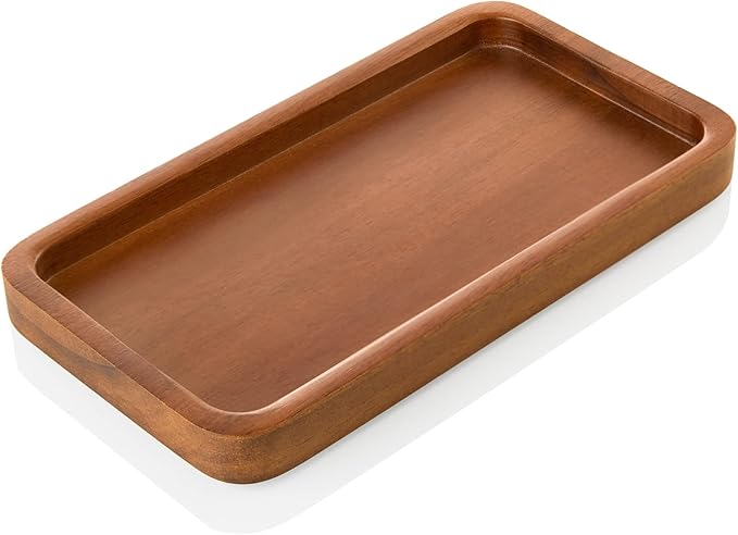 ALELION 8" Acacia Wood Bathroom Vanity Tray for Counter - Wood Tray for Dresser Tops Perfume Jewelry Candle Key Catchall - Small Kitchen Countertop Organizer for Soap Dispenser and Sponge Holder