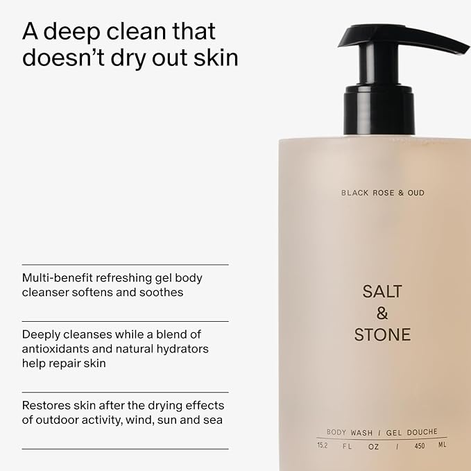 Salt & Stone Body Wash with Antioxidants for Deep Moisture | For Women & Men, Sulfate, Paraben, & Dye Free, Leaving Skin Soft and Hydrated | Black Rose & Oud 15.2 fl oz