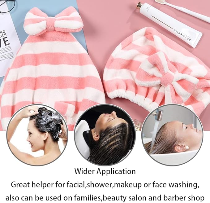 Large Microfiber Hair Towel Cap,Rapid Drying Towel For Hair,Ultra Soft Super Absorbent Hair Drying Towel Turban,Cute Gray&Pink Bow Hair Towel Wrap,Hair Drying Towels For Women Fast Dry(2pack)