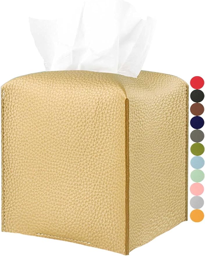 Gold Tissue Box Cover Leather – Tissue Holder with Bottom Belt by JESMINI, Decorative Aesthetic PU Leather Tissue Box Holder for Bathroom Home Office Decor