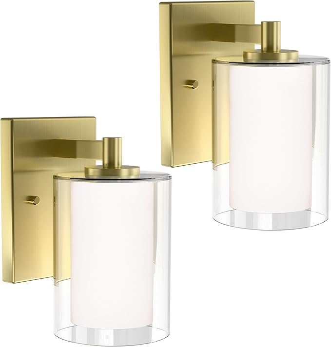 Wall Sconces Set of Two: Bathroom Sconce of 2, Gold Vanity Fixtures with Double Clear Glass Shade, E26 Base Hardwired Farmhouse Wall Lights for Bedroom Living Room Bathroom (Bulb not Included)