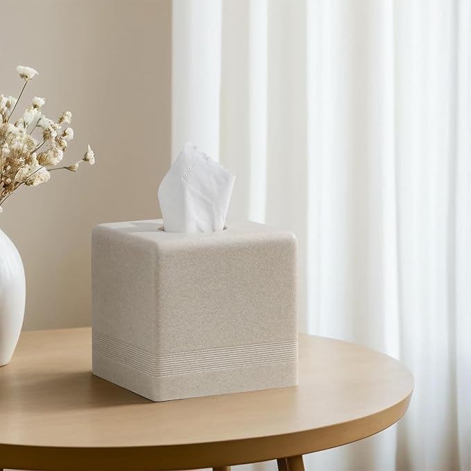 Tissue Box Cover Square, Resin Facial Tissue Holder Covers Cube Toilet Paper Holder Case Dispenser Home Decorative for Bathroom Kitchen Bedroom Living Room Office (Beige)
