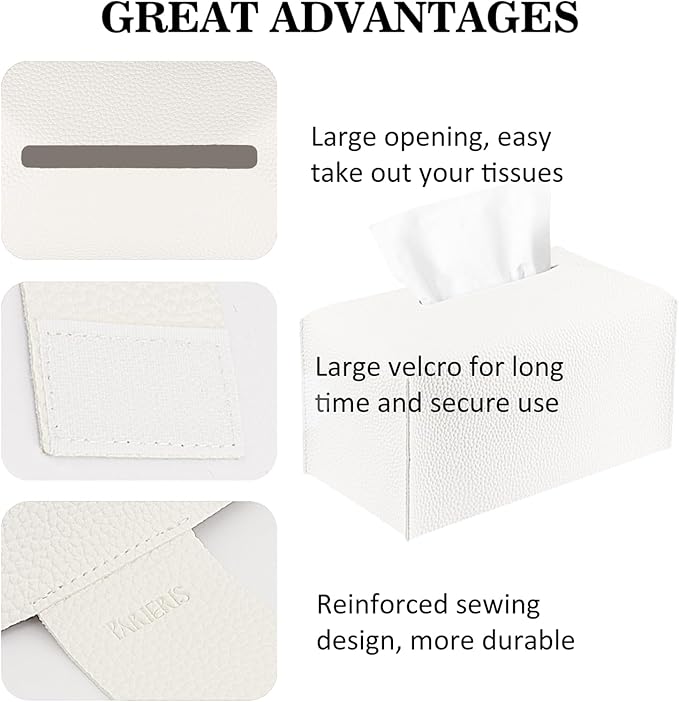 Tissue Box Cover PU Leather Tissue Holder Rectangle Facial Tissue Case Tissue Box Organizer Dispenser for Bathroom, Kitchen, Home, Office, Tabletop (White, Tall)