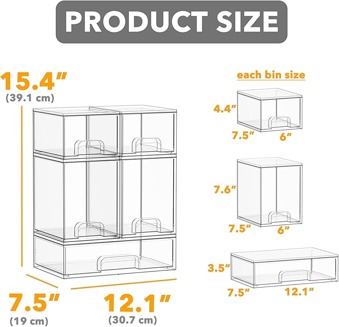 SpaceAid Bottle Storage Organizer Baby - Acrylic Bottles Station Organizer Container, Stackable Clear Drawers for Countertop, Vanity, Bathroom, Cabinet, Pantry Organization, 5 Pack, 2S2M1L, 15.4" H