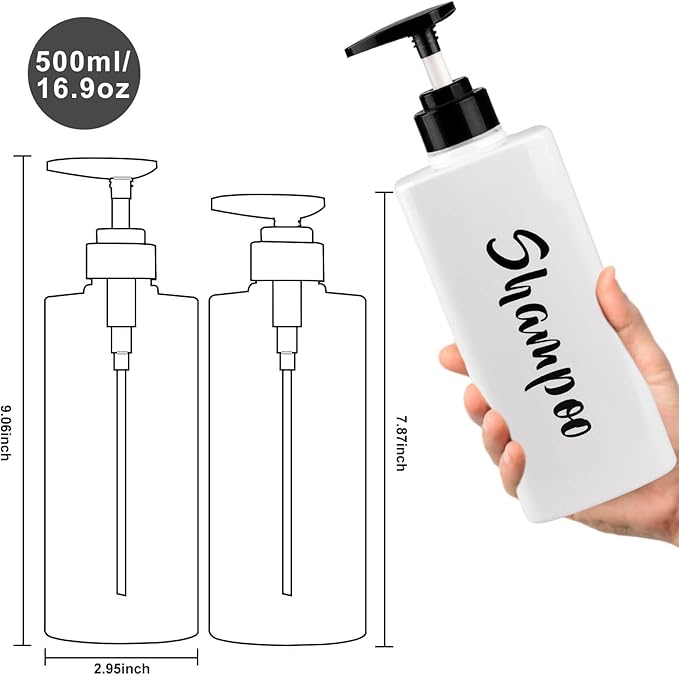 16.9oz Shampoo Conditioner Body Wash Dispenser for Shower, Refillable Printed Soap Bottles with Pump, Empty Plastic Bathroom Dispenser Set for Shampoo, Conditioner & Soap (White, 3 Pack)