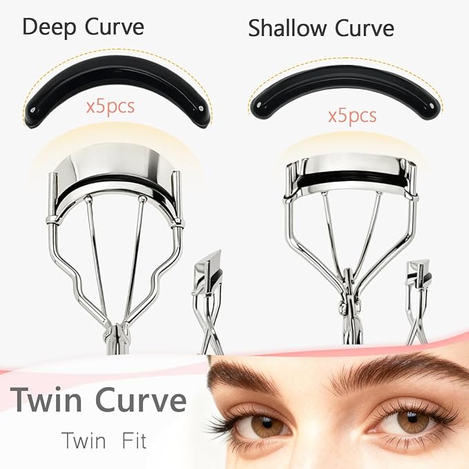 2 Kinds of Eyelash Curlers with Different Curvature Suitable for Various Eyes Shapes, Silver Comfort Grip,10 Silicone Replacement Refills Pads for Perfect Framed Lashes - Gentle & Safe Use