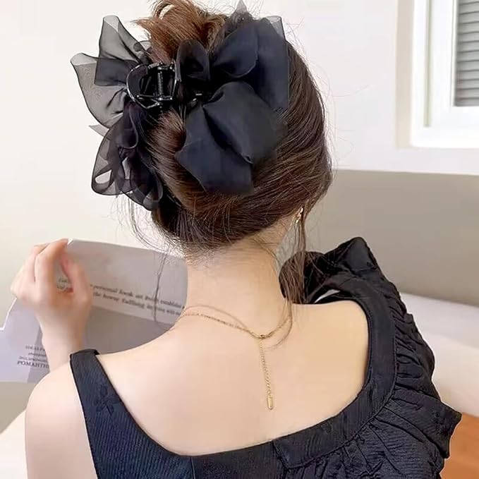 Black Mesh Tulle Bowknot Hair Claw Clips - Large Chiffon Clips for Women's Thick Hair, Elegant Hair Accessories