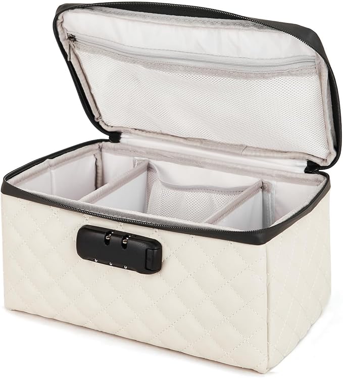Portable makeup box with Lock, Large Capacity Travel Makeup Case Organizer, Makeup Bags for Girls Traveling With Handle and Divider Makeup Bag (off-white)
