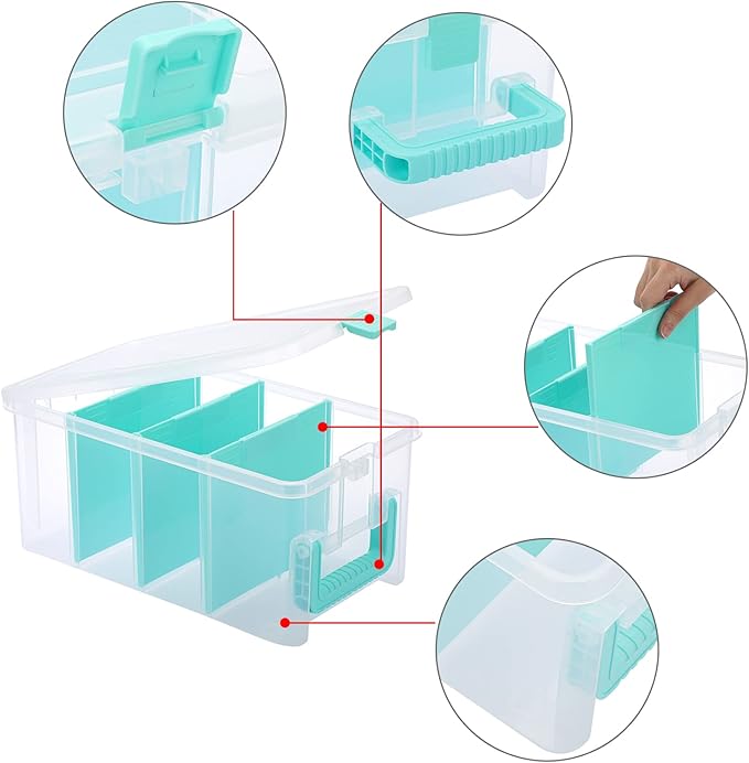BTSKY Clear Plastic Dividing Storage Box with 4 Deep Compartments Adjustable Storage Bin with Lid Portable Craft Storage Container Multipurpose Sewing Box Art Supply Organizer, 13.9x7.9x6.2 Inches
