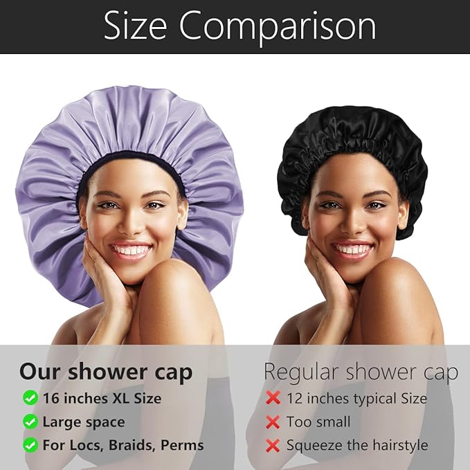 Auban Extra Large Shower Cap, Double-Layer Waterproof Reusable Satin Lining Shower Bonnet for Women Long Hair, Braids, Locs, perms (Purple)