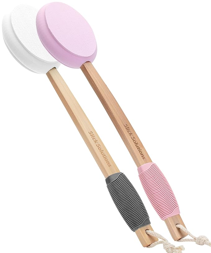 Slick- Lotion Applicator, 17 Inch, 2 Pack, White and Pink, Back Applicator Lotion, Certified Organic, Easy Reach Washable, Self Tanner for All Skin Tone