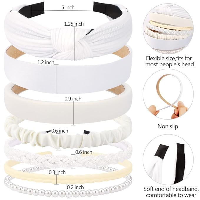 AHONEY 7 Pack White Headbands for Women Girls Headband Non Slip Hairbands Cute Hair Accessories Multi-style Headband Pack Wedding Head Band (White)
