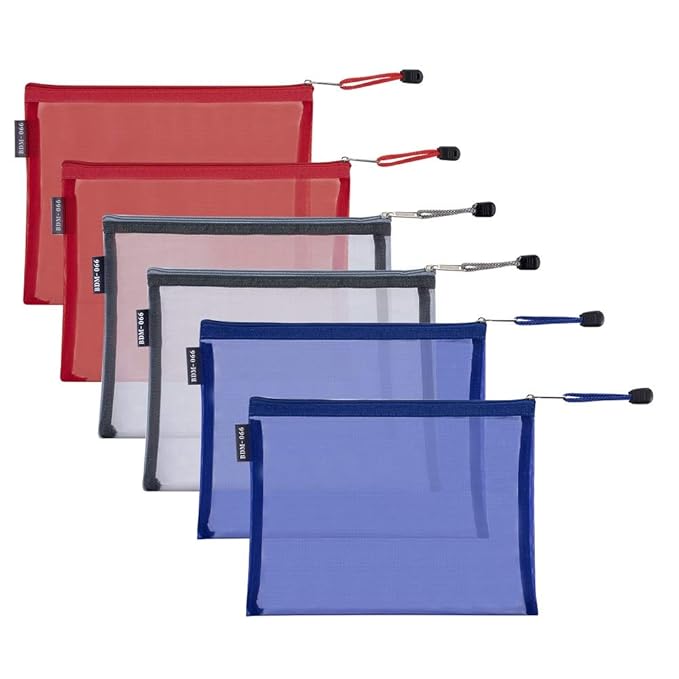 HRX Package Nylon Mesh Cosmetic Bags Zippered, 6PCS A5 Makeup Travel Cases Organizer Pouches for Purse Diaper Bag Office Stationery (7x9.4 inch)