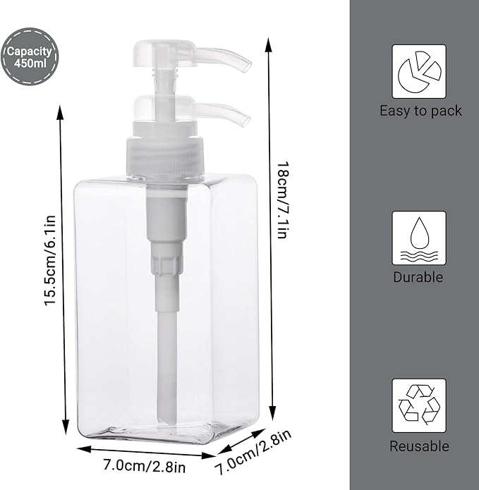 Suream 450ml/15oz Shampoo and Conditioner Dispenser, 3Pack Clear Empty Pump Bottles Reusable Refillable for Shower Gel, Conditioner, Lotion, Massa